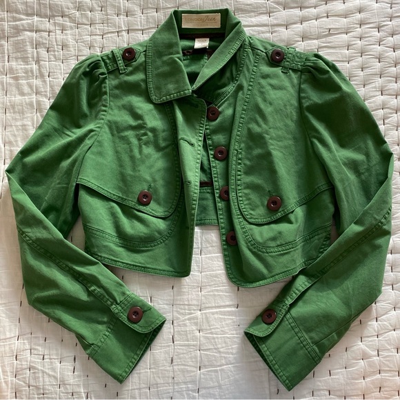 London Jean Chino Stretch Green Cropped Jean Jacket Size S - Picture 3 of 9